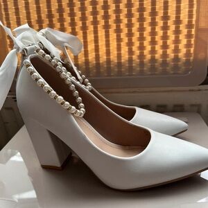 Elegant White Heels with Pearl Ankle Strap
